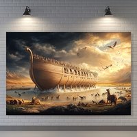Noahs Ark biblical scene animals leaving ship dramatic sky wall art religious decor living room bedroom home decoration