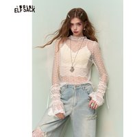 ELFSACK Sheer Lace Mesh Top Women Long Sleeve Ruffled Hem Blouse with Heart Print, Sexy Layering Crop Top for Spring Summer