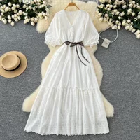 Chic V-neck Elegant Short Lantern Sleeve Slim Sashes High Street Embroidered Women Vintage Korean Fashion Vacation Summer Dress