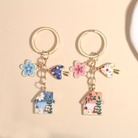 Korean Version Diy Jewelry Alloy Keychain, Cute House With Colorful Flowers, Car Keychain, Couple's Bag Hanger Pendant