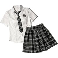 Women JK Uniform 3-Piece Set Short Sleeve White Shirt with Plaid Tie Pleated Skirt Preppy School Outfits for Daily Wear Cosplay