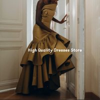 Evening Dresses Gold Strapless Satin Mermaid Gown 3D Floral Ruffled Hem Wedding Guest Gala Banquet Red Carpet Party Customized 