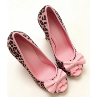 Sexy Pink Leopard Print Platform Pumps Leather Bow Detail Peep Toe Stiletto Heel Retro Y2K Style Playful Women's High Heels