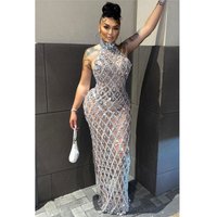 Stretch Mesh Transparent Dress Sparkly Silver Sequins Sleeveless Birthday Shiny Evening Outfit