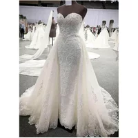 Luxury Sweetheart Neckline 2 In 1 Wedding Dresses With Beadings Lace Appliques Detachable Train Sreapless Tulle Bridal Gown