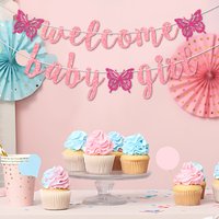 YOMDID Welcome Baby Banner Glitter Butterflies Party Banner Paper Banner for Baby Shower and Birthday Celebration Party Supplies