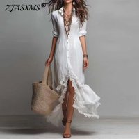 Vintage Solid Office Maxi Dress Women Collared Sleeve Buttons-Front Ruffle Slit Hem Casual Bohemian Summer Beach Holiday Dresses