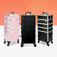 4 in 1 Professional Makeup Train Case Aluminum Rolling Cosmetic Case On Wheels Artist Makeup Organizer Storage with Trays