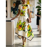 UOOZEE 2026 Women Elegant Floral Printed Evening 2 Piece Set Short Sleeves O-Neck T-Shirt & Asymmetric Hem A-Line Midi Skirts