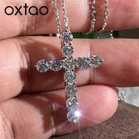 OXTAO 3.5mm Moissanite Cross Pendant Necklace Statement Anniversary Gift for Women Men Engagement Wedding Bridal Fine Jewelry