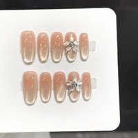 10Pcs Oval Nude Press on Nails Gold Edge Cat-Eye Glitter Fake Nails With 3D Carving Petals Decor For Women Wearable False Nails