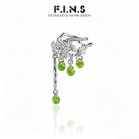 F.I.N.S 1Piece New Design Green Grape S925 Sterling Silver Ear Clip INS Style Green Glass Pendants Tassel Earcuff Catilage Jewel