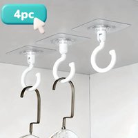 4pcs No Drill Ceiling Rotating Hooks, Adhesive Wall Door Mount Hangers for Kitchen Bathroom Wardrobe Clothes Storage Organizatio