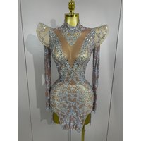 Sexy Singer Stage Drag Queen Costume 2025 Women Shiny Rhinestones Transparent Short Dress Birthday Celebrate Photoshoot Dress