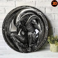 Vintage Alien Round Metal Sign Retro Space Wall Art 20x20cm Living Room Decor