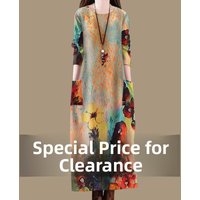 High-End Printed Long Sleeve Women's Dress with Pockets Vintage Loose round Neck Spring Autumn Seasonal A-Line Skirt