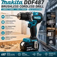 Makita DDF487 – akumulatorowa wiertarko-wkrętarka 18 V z silnikiem bezszczotkowym, z uchwytem 10 mm, kompatybilna z akumulatorami litowymi Makita 18 V, do prac w drewnie, metalu i innych zastosowań