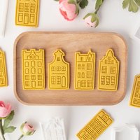 4Pcs Amsterdam House Cookie Cutters European Old Building Fondant Molds 3D Cookie Stamp Baking Tools For Christmas DIY Cookie