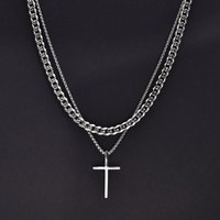 Vnox Dropshipping Mens Cross Necklaces Stainless Steel Layered Plain Cross Pendant Rope Box Chain Necklace Prayer Jesus Collar