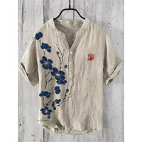 Men's Summer V-neck Art Print Men's Short Sleeve T-shirt 2024 Summer Fashion Urban T-shirt Men's V-neck Henry Shirt