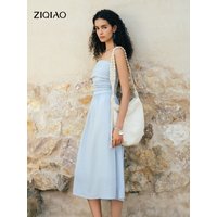 ZIQIAO Women's 2026 Summer New Arrival Sky Blue Bandeau Dress Vacation Style Slim Fit Shirred Design Elegant Midi Dating Dress