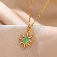 Vintage Natural Stone Sun Necklace For Women Gold Color Cubic Zirconia Pendant Stainless Steel Chain Aesthetic Jewelry Gifts
