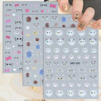 3 to 15 Sheets 5D Cute Cat Nail Stickers White Kitty Face Paw Print Bow Heart Self Adhesive Kawaii Nail Decals