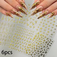 6Sheets Metallic Gold Nail Stickers Irregular Curve Star French Line Flame Leopard Pattern Nail Decal Abstract Nail Art Supplies