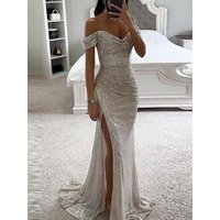 2025 Elegant Off-shoulder Gown Dress V-Neck Sequin Pleated Short Sleeve Waist Tight Maxi Dress Split Evening Party Prom Dress