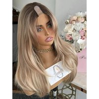 European Virgin Human Hair 1x4 Size U Part Wigs for Women Ombre Beige Blonde Glueless Opening V Part Wigs Natural Straight Hair