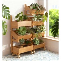 Mehrstufiger Pflanzenständer aus Holz und Metall, Blumentopfständer für Innen und Außen, Balkon, Terrasse, Platzsparendes Ausstellungsregal für Zuhaus