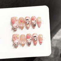10pcs Pink Strawberry Handmade Nails Sweet Bunny Skirt Flower Press on Nail Medium Almond Fake Nail for Women&Girl False Nail