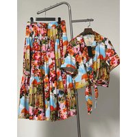 Retro summer women's new two-piece lapel single-breasted hem with strapless short shirt+elastic waist A-shaped fashion suit