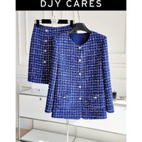 New Blue plaid tweed jacket slimming half skirt set big size