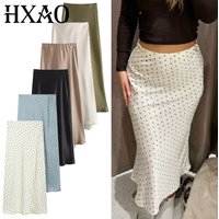 HXAO 2026 Women's Midi Satin Skirts Summer Polka Dot A -Line Smooth High Waist Skirt Black White Green Khaki Skirts Party Skirt