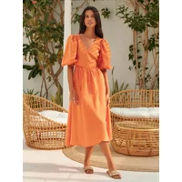 Wolfeel Summer V-neck Waist Cinched Dress Unique Lantern Sleeve Fashionable Sexy Slit Long Skirt Cotton Women's Casual Dresses
