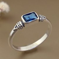 Huitan Antique Silver Plated Rectangular Blue Cubic Zirconia Rings for Women Bohemia Style Female Daily Rings Vintage Jewelry