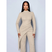 Women's Autumn/Winter Elegant Asymmetric High-neck T-shirt and Pants Set