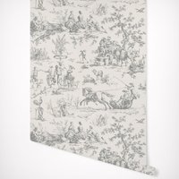 Seasons Toile Grey Wallpaper with farm life style in Smoke Grey