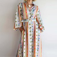 Casual Single Breasted Long Sleeved Holiday Dress Fashion Floral Print Pocket Boho Dress Spring Summer V Neck Belt Pleated Dress