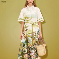 Casual Fashionable Shirt Collar Open Cardigan Long Dress Vacation Style Women's Loose Fit Five Sleeve mid Waist European Series