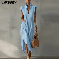 Summer Casual V Neck Loose Maxi Dresses For Women Fashion Short Sleeve Pocket Split Up Party Long Dress Women Beach Holiday Robe