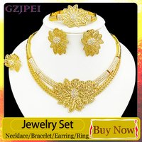 GZJPEI Elegant Women Jewelry Set 18K Gold Plated Hollow Out Necklace Bracelet Earring Ring For Mother Birthday Gift Party Jewelr