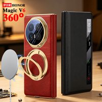 Magnetische Kabellose Ladehülle aus Leder für Honor Magic V6 360 ° Ringständer mit Smart View Fenster, Vollständig Schützende Flip-Hülle
