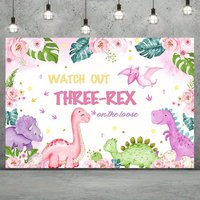 1 3rd birthday party background - "Beware of the Three-headed Dragon Escape", pink floral and jungle dinosaur design, polyester
