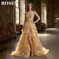 ROSES Yellow Formal Gown Strapless Beaded Prom Dress Floral Print Layered Tulle Evening Dress High Slit Modern Style Customized