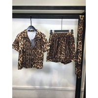 Summer new single-breasted Leopard lace waist short-sleeved shirt+elastic waist wide-leg shorts casual women's two-piece suit