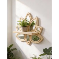 Lotus Shaped Wooden Wall Shelf with Mirror Boho Floral Floating Shelves Rustic Rustic Wall Mounted Storage for Home Decor Gift