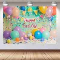 Happy Birthday photo booth background cloth - Bright balloon and cake patterns, for ladies' celebration parties