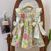 Summer Green Flower Printed Round Neck Flying Sleeve Ruffle Bow Girls' Dress Korean Version Fashion Children's Casual Clothes